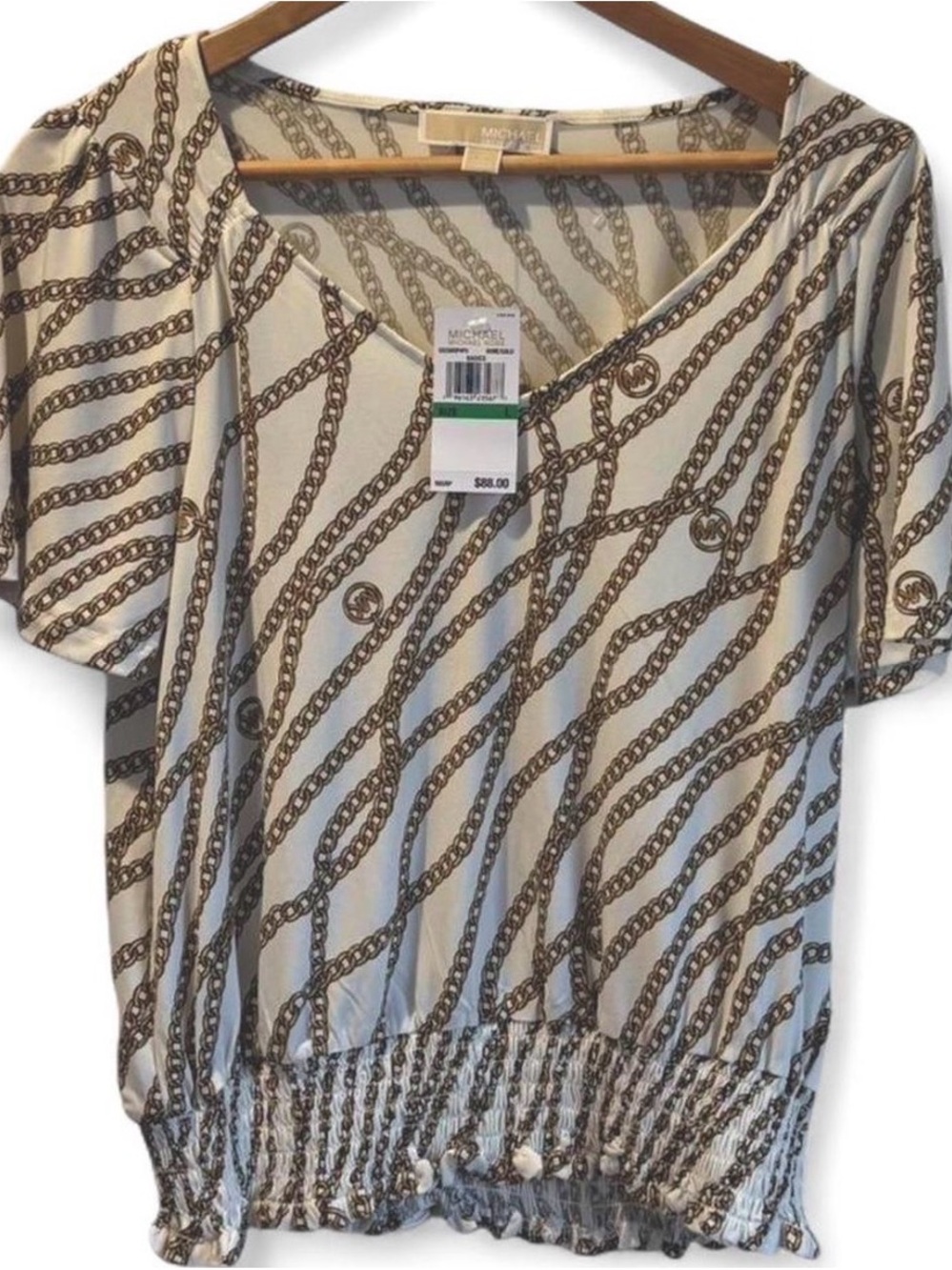 NWT Michael Kors Cream Chain-Print Short Sleeve Blouse